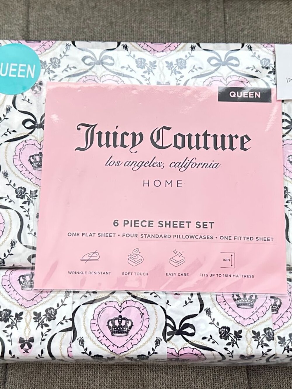 New Juicy Couture QUEEN 6 pc Sheet Set Pink Heart Crown and Black Ribbon